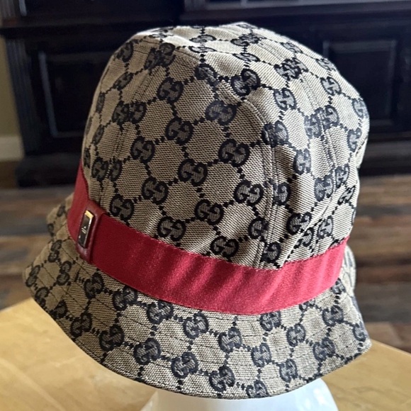 Gucci Bucket Hat Logo Canvas Beige Blue Red Color - Picture 4 of 9